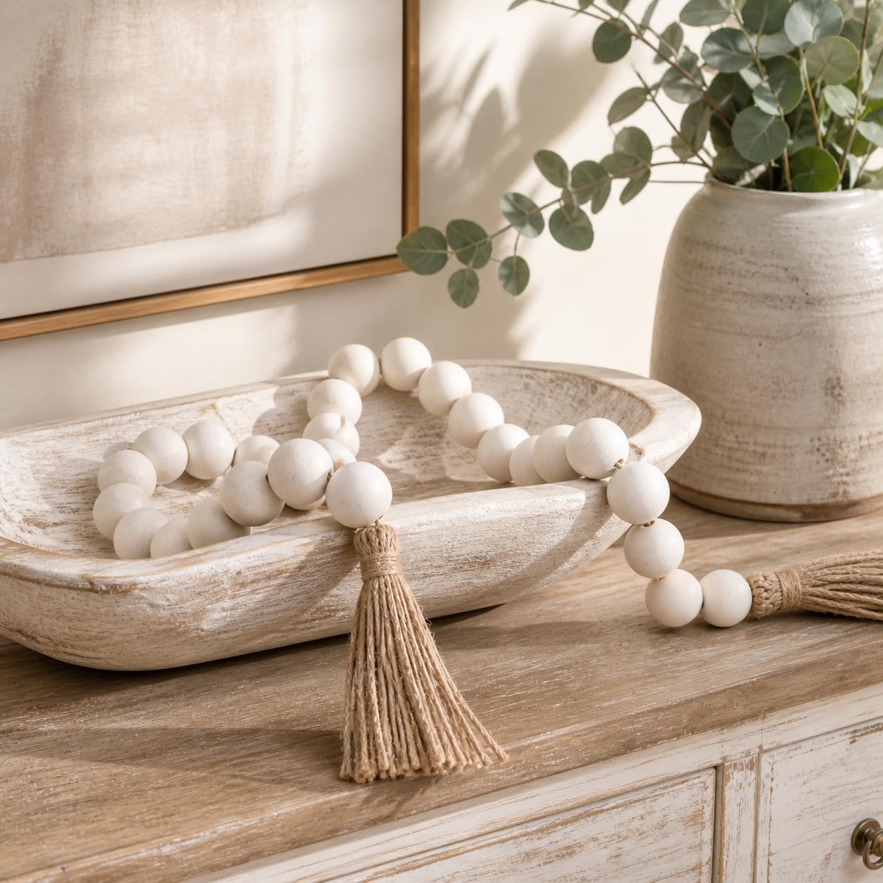 76" Long Extra Large Wood Bead Garland / 4 White / 76 Inches