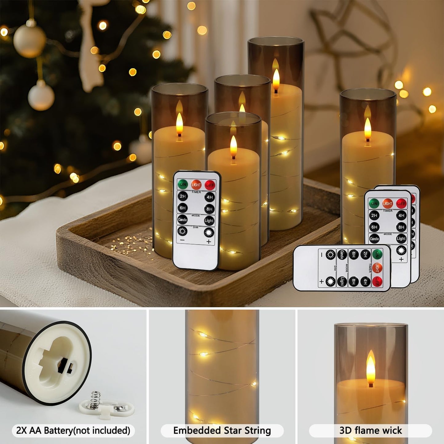 12-Pack Gray Acrylic Flameless LED Candles with Embedded String Lights - Remote Control for Holiday & Home