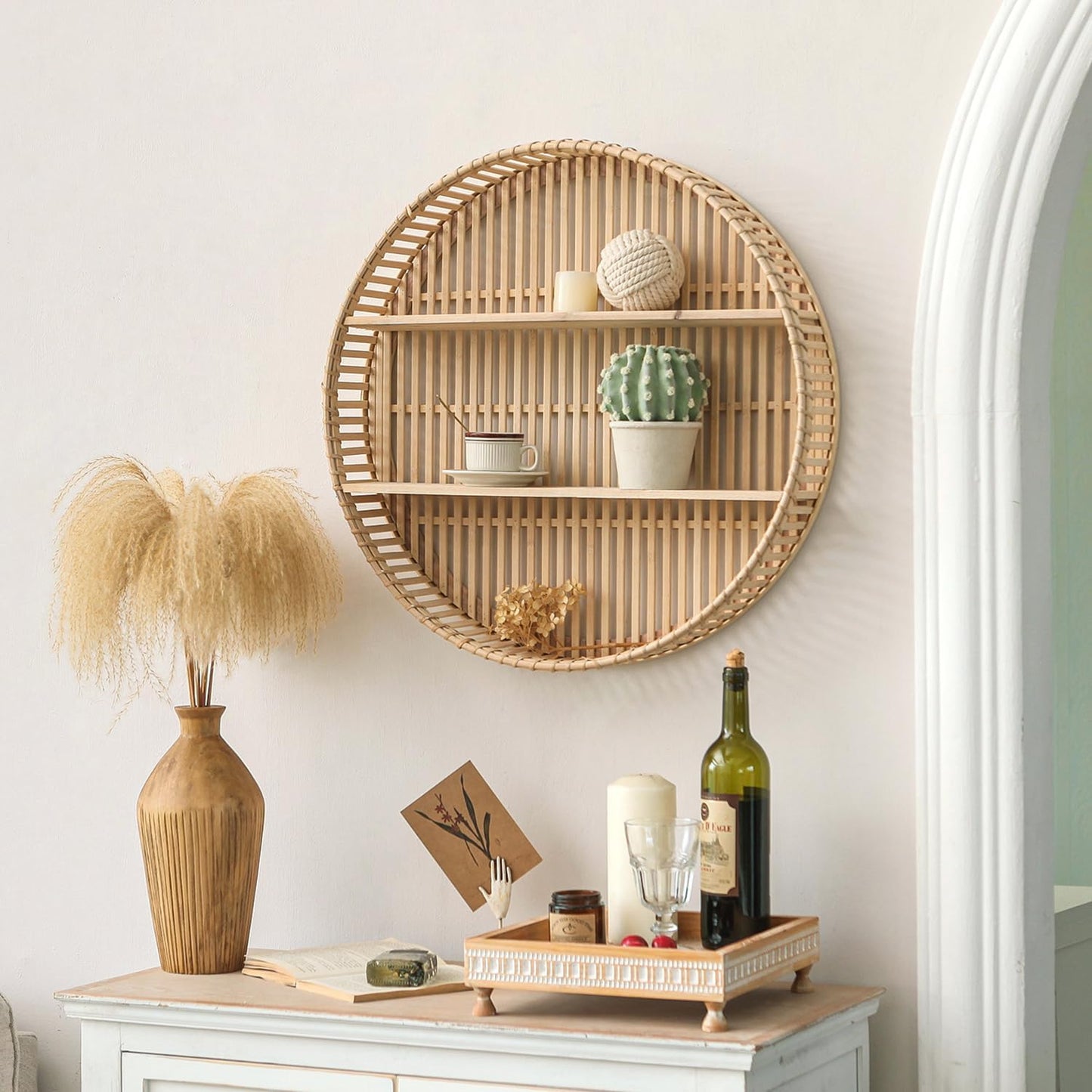 Rattan Wall Shelf 3 Tier Boho Wall Mounted Shelf Farmhouse Handcraft Round Floating Shelf Display