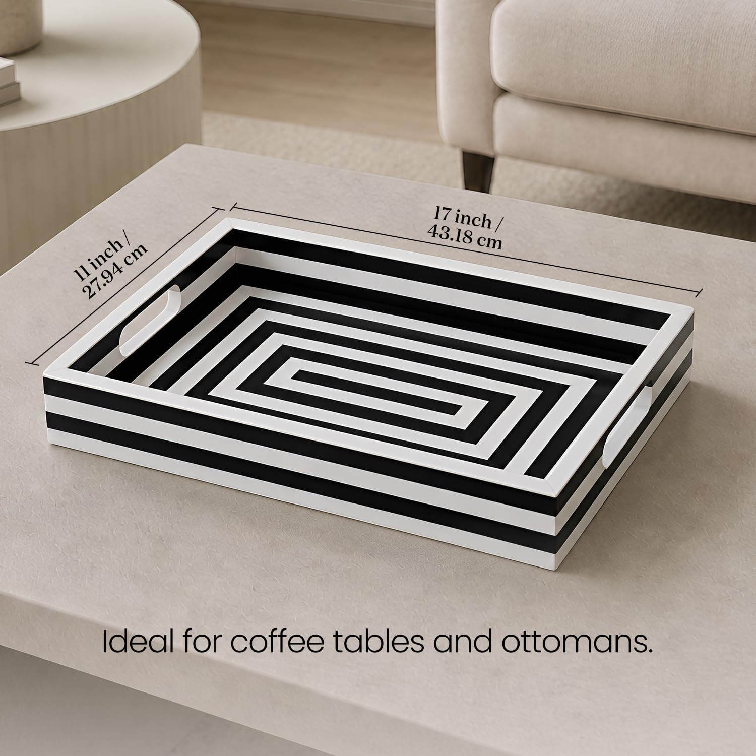 Decorative Tray / Black and White Concentric Ottoman Tray / 17 x 11 x 1.7 / Black & White