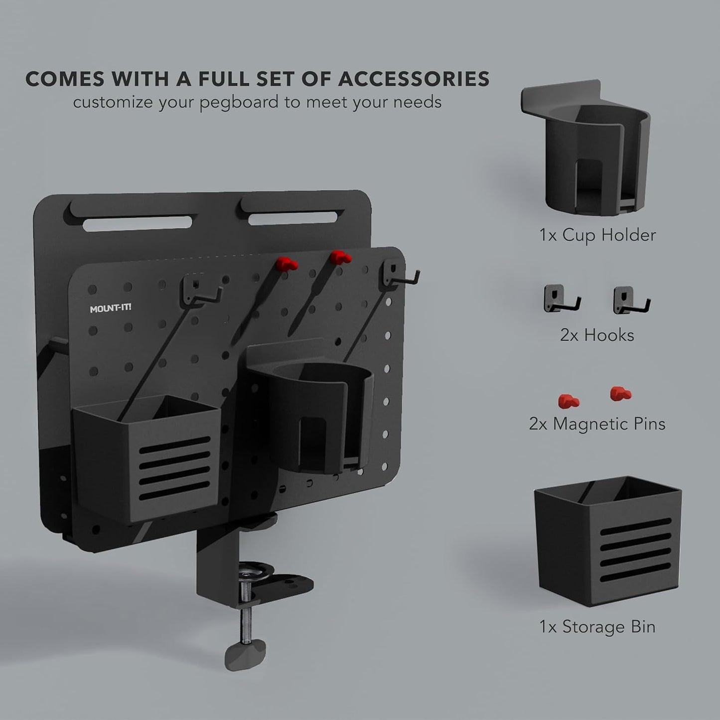 Mount-It! Desk Pegboard Organizer, 360 Rotation, Black | Clamp-on desk storage with cup holder, pen holder, hooks &