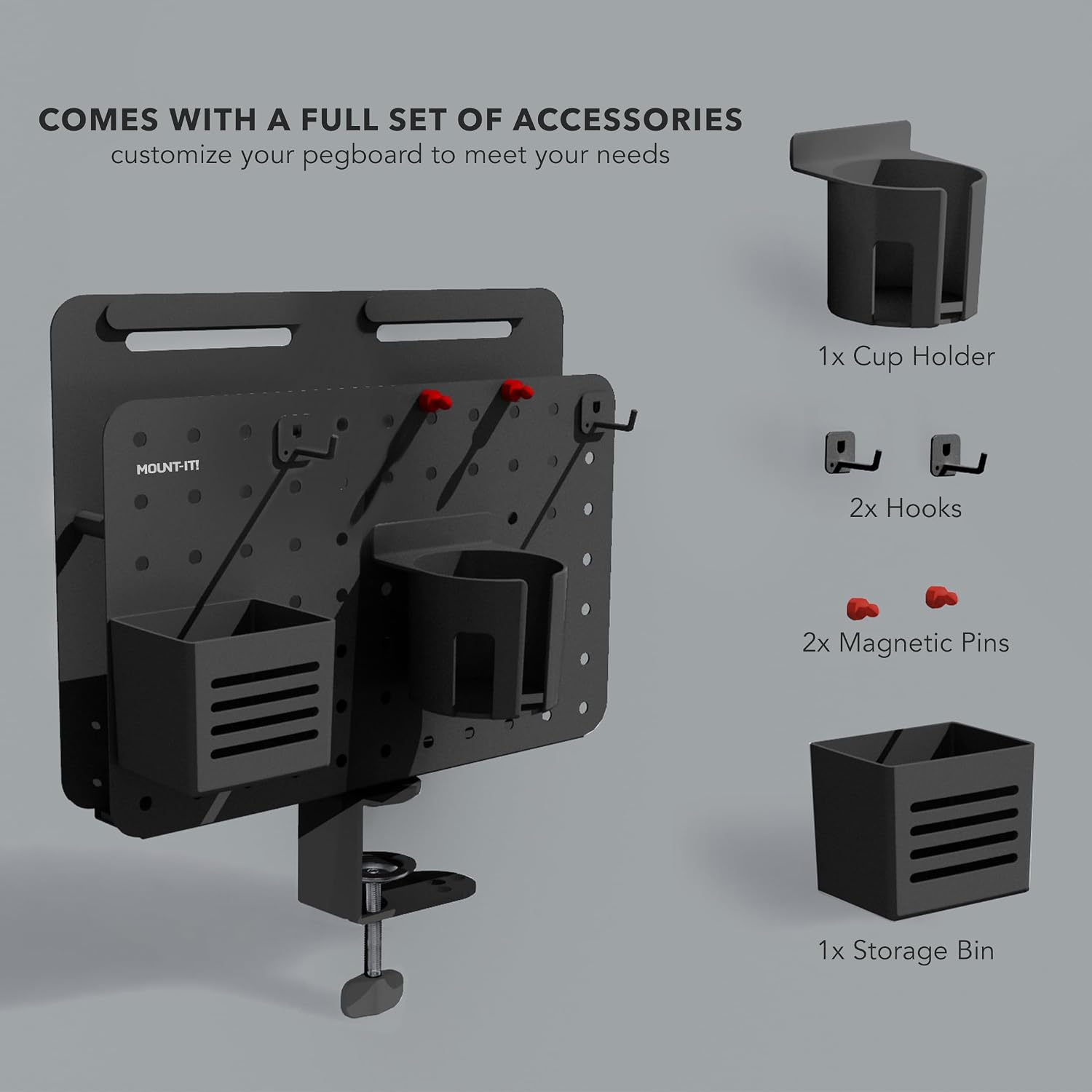 Mount-It! Desk Pegboard Organizer, 360 Rotation, Black | Clamp-on desk storage with cup holder, pen holder, hooks &