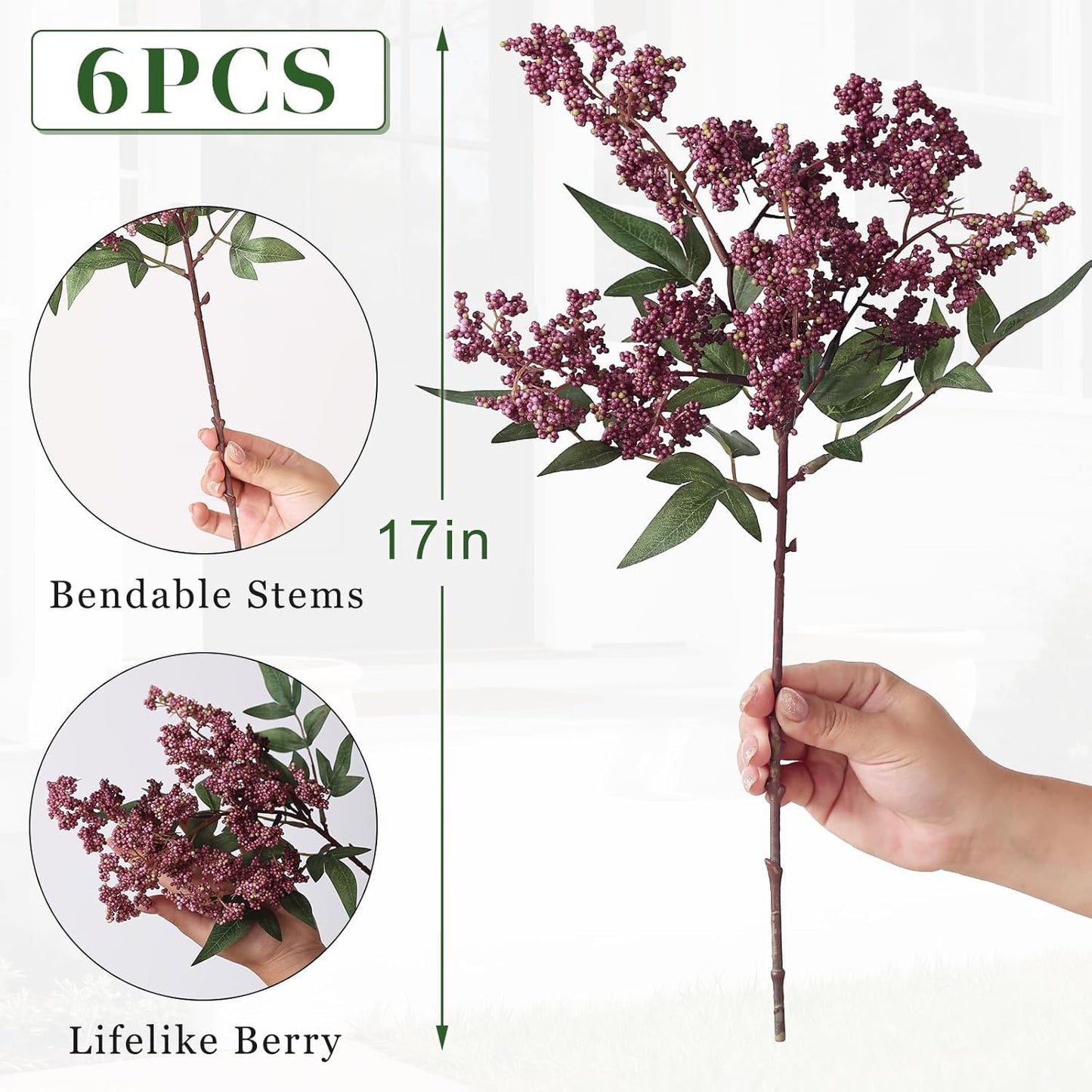 Artificial Nandina Berry Stem for Vase / Dusty Plum / Set of 6
