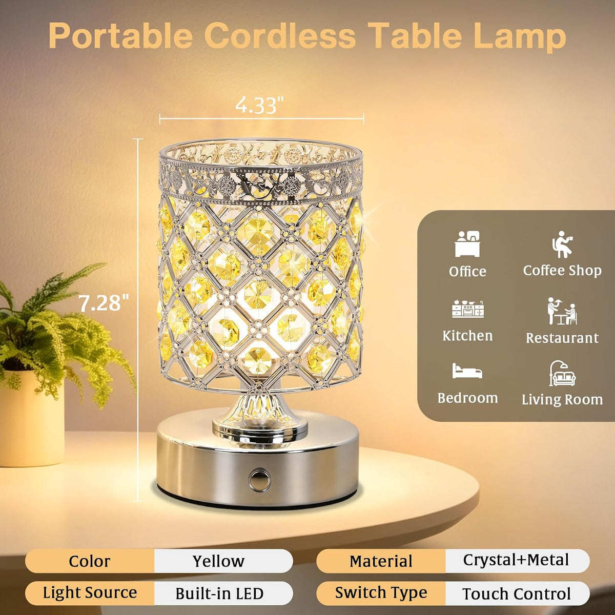 Yellow Small Crystal Rechargeable Cordless Table Lamps Set of 2 | 6000mAh Battery, 3 Color Temps, Stepless Dimming
