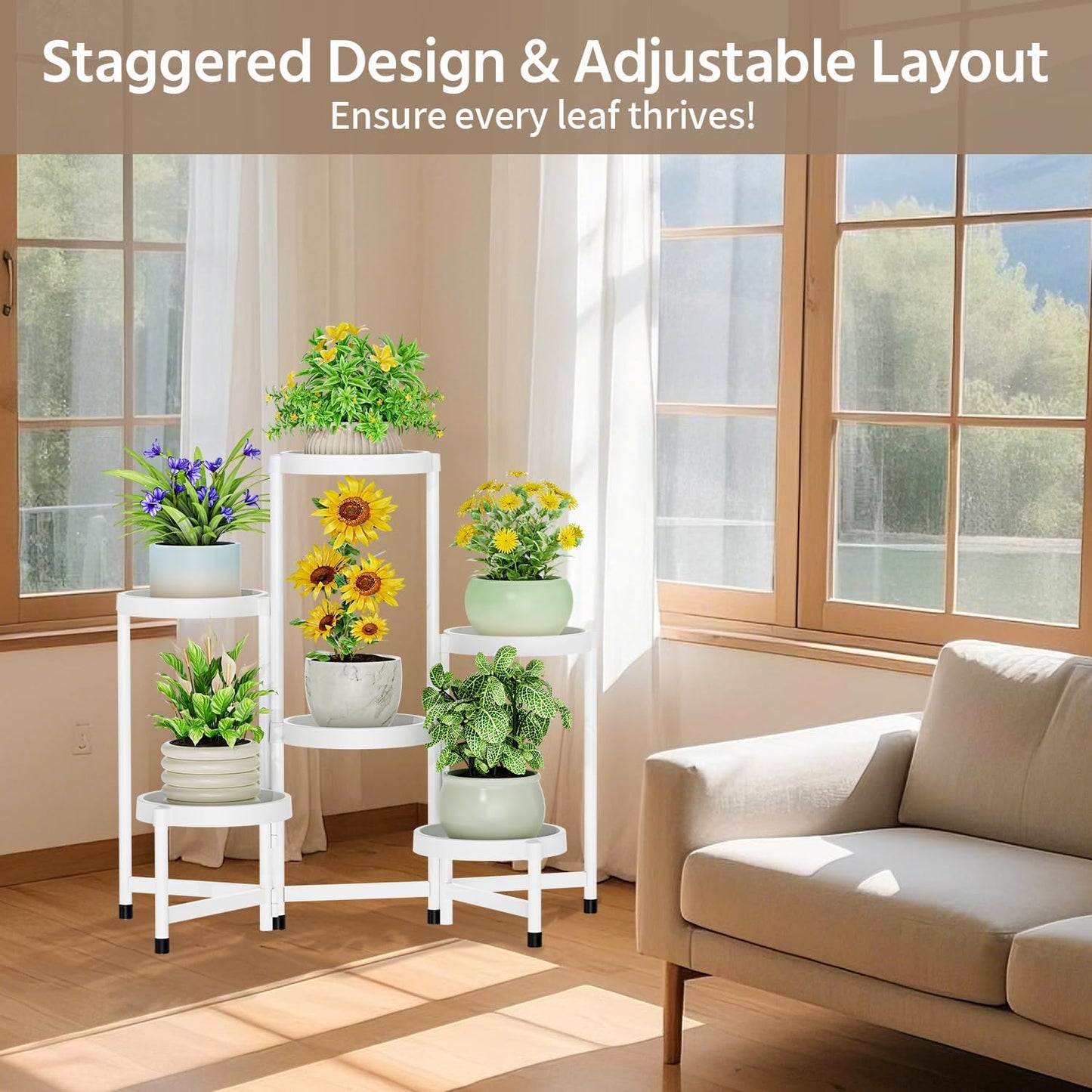 LASZOLA Plant Stand Indoor Outdoor Tall with Plastic Tray, 6 Tiers White | Corner Folding Flower Display Rack, Modern