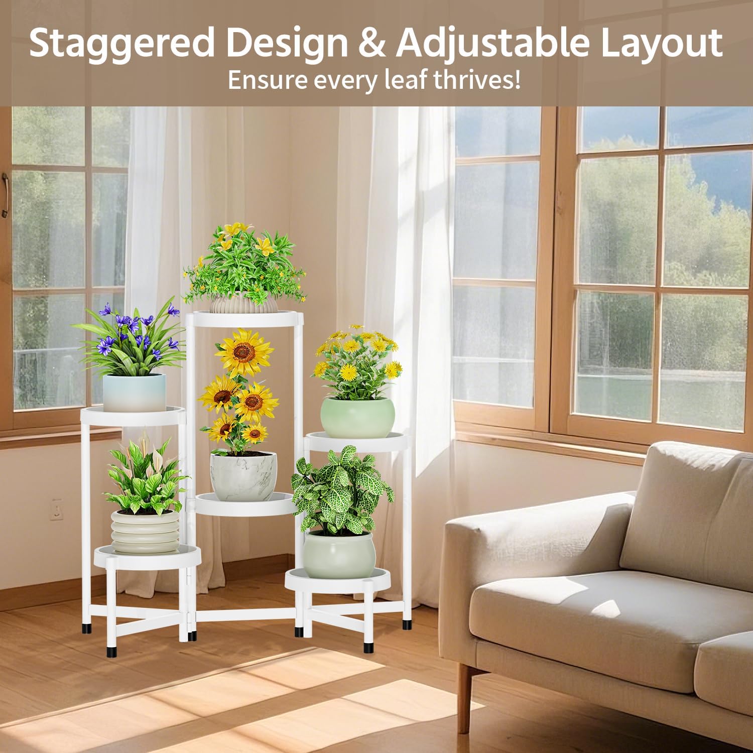 LASZOLA Plant Stand Indoor Outdoor Tall with Plastic Tray, 6 Tiers White | Corner Folding Flower Display Rack, Modern