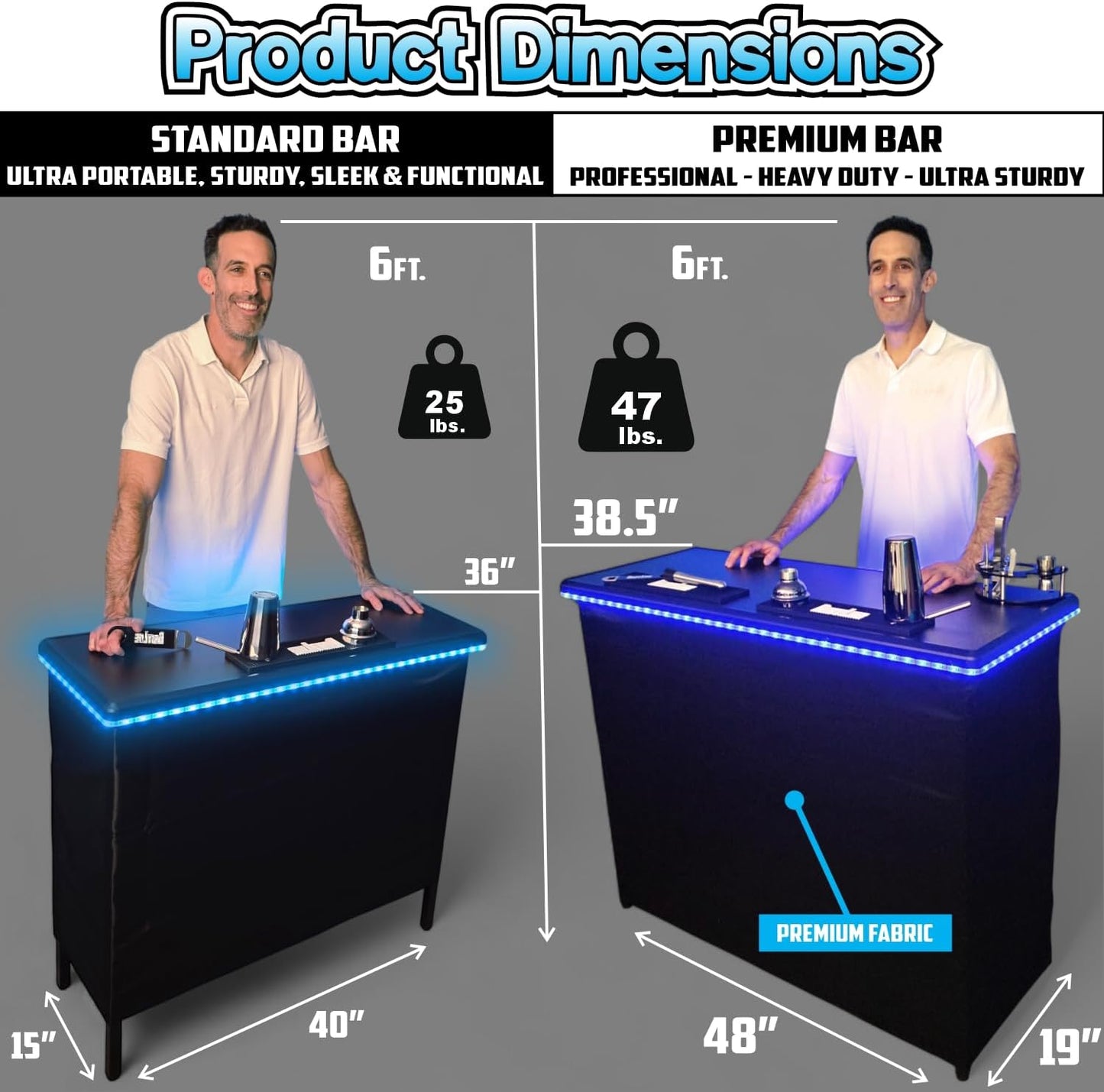 PartyLife NEW & Improved Portable Bar Table w/LED Lights, Folding Steel Legs, 2 Bar Skirts, Supportive Storage Shelf &