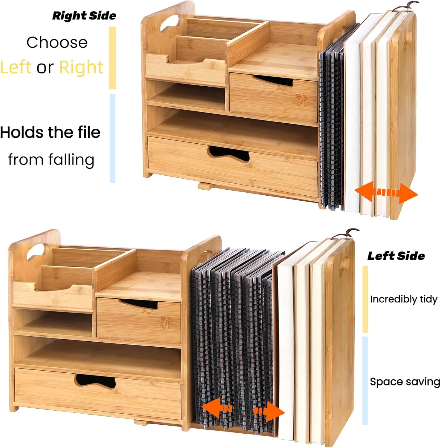 ZOOFOX Bamboo Desk Organizer with Adjustable File Holder, Mail Organizer Countertop with Drawer, 4-Tier Desktop