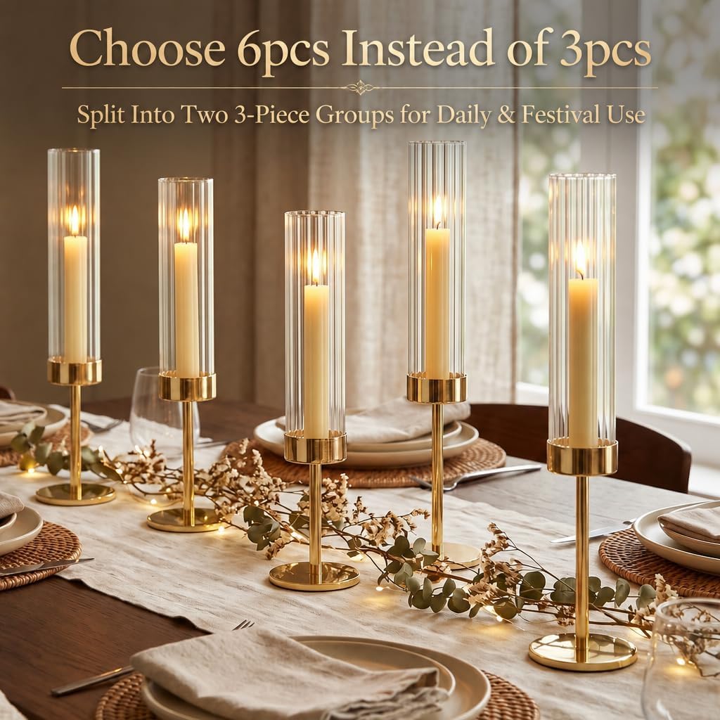 Gold Hurricane Taper Candle Holders,2 Sets(6 Pcs) Brass Tall Candlestick Holders with Ribbed Glass Cylinder, Table
