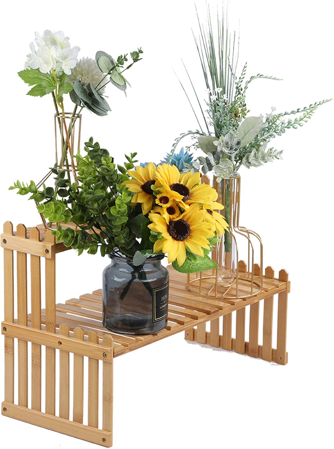 GURECOD 14.6"/18.5" 2 Tiers Bamboo Plant Stand Shelf,Desk Flower Pot Holder,Adjustable Desktop Shelf Display Organizer