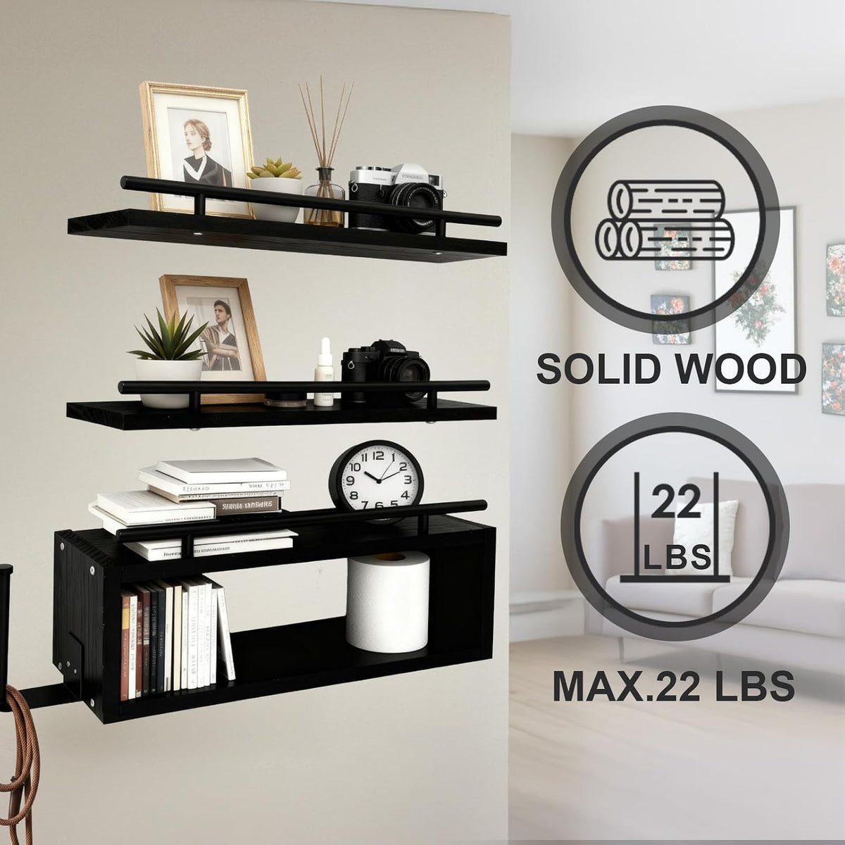 Wooden Floating Shelves with Paper Towel Holder for Bathroom Wall Storage | Bathroom Wall Shelf with Metal Rail, Wall