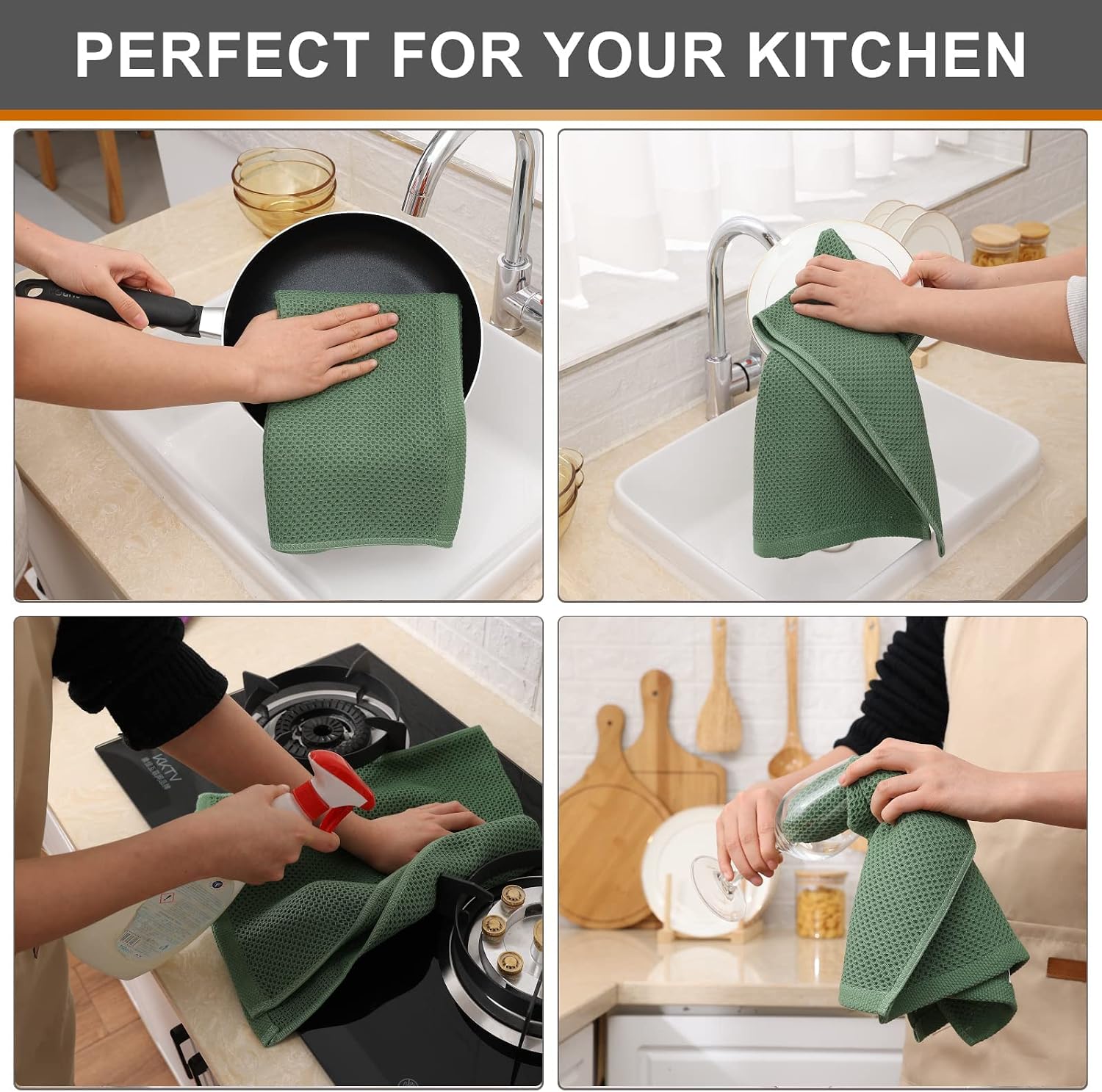 Kitinjoy 100% Cotton Waffle 6-Pack Kitchen Towels, 13" x 28", Grass Green | Super Soft, Ultra-Absorbent, Fast Drying