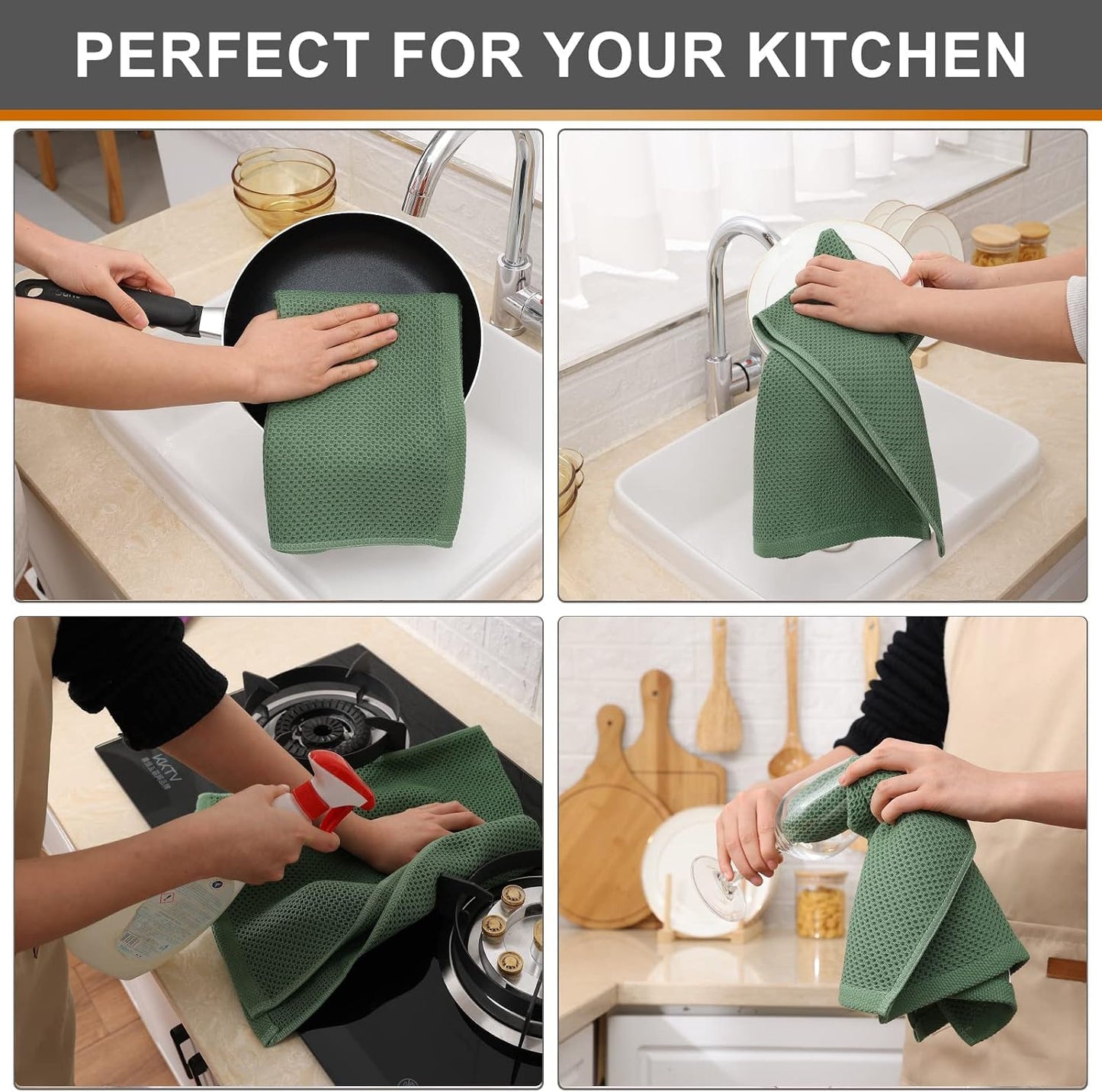 Kitinjoy 100% Cotton Waffle 8-Pack Kitchen Towels, 13" x 28", Grass Green | Super Soft, Ultra-Absorbent, Fast Drying