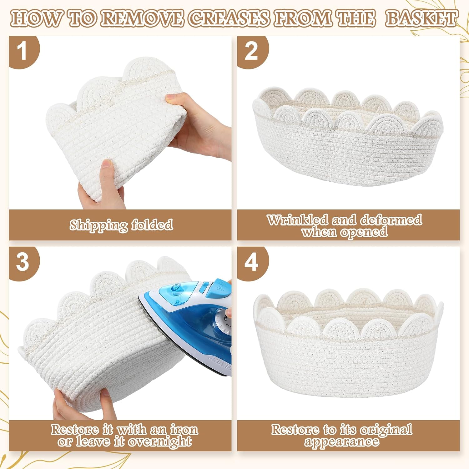 Scalloped Small Storage Basket Round Rope Basket / White / Rectangle Style
