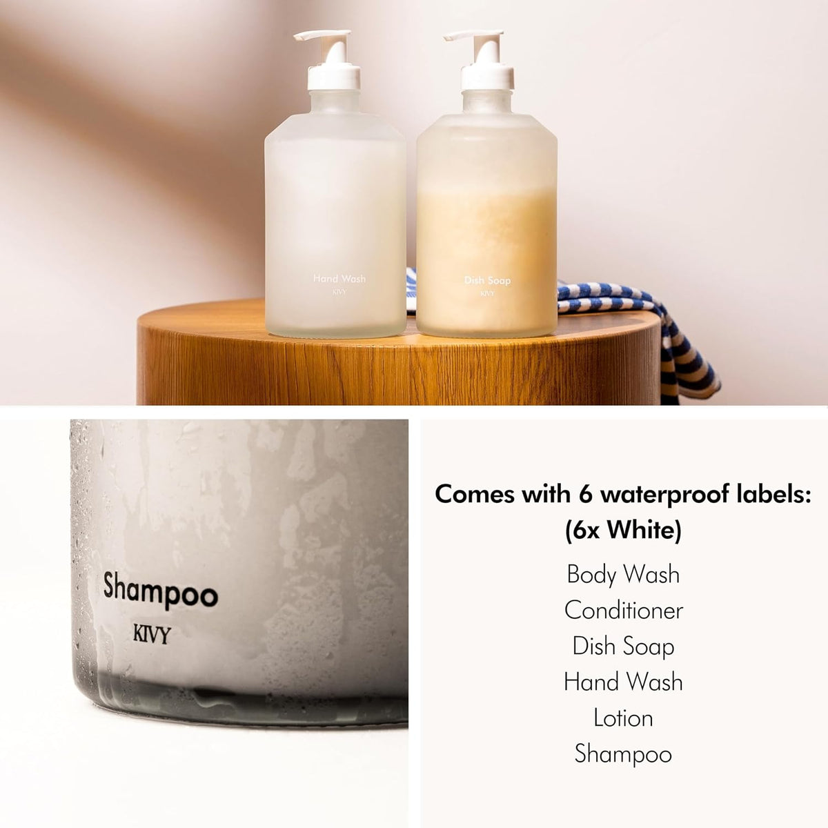 KIVY Glass Soap Dispenser Set [INCL. Waterproof Labels] - Glass Soap Dispenser with Pump - Hand Soap and Dish Soap Set