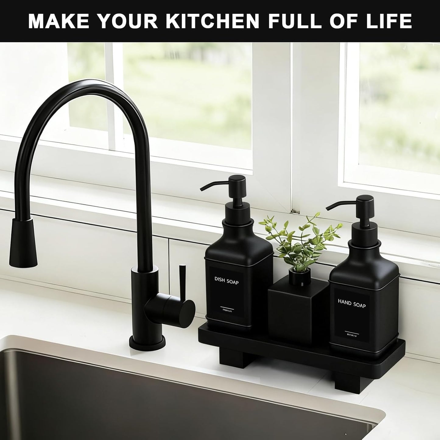 Modern Kitchen Soap Dispenser Set with Wood Tray, Black Glass Soap Dispenser with Pump, Decorative Hand and Dish Soap