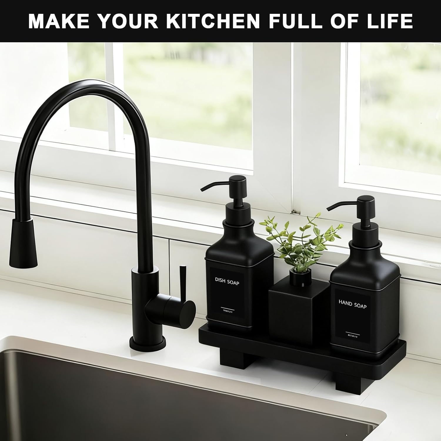 Modern Kitchen Soap Dispenser Set with Wood Tray, Black Glass Soap Dispenser with Pump, Decorative Hand and Dish Soap