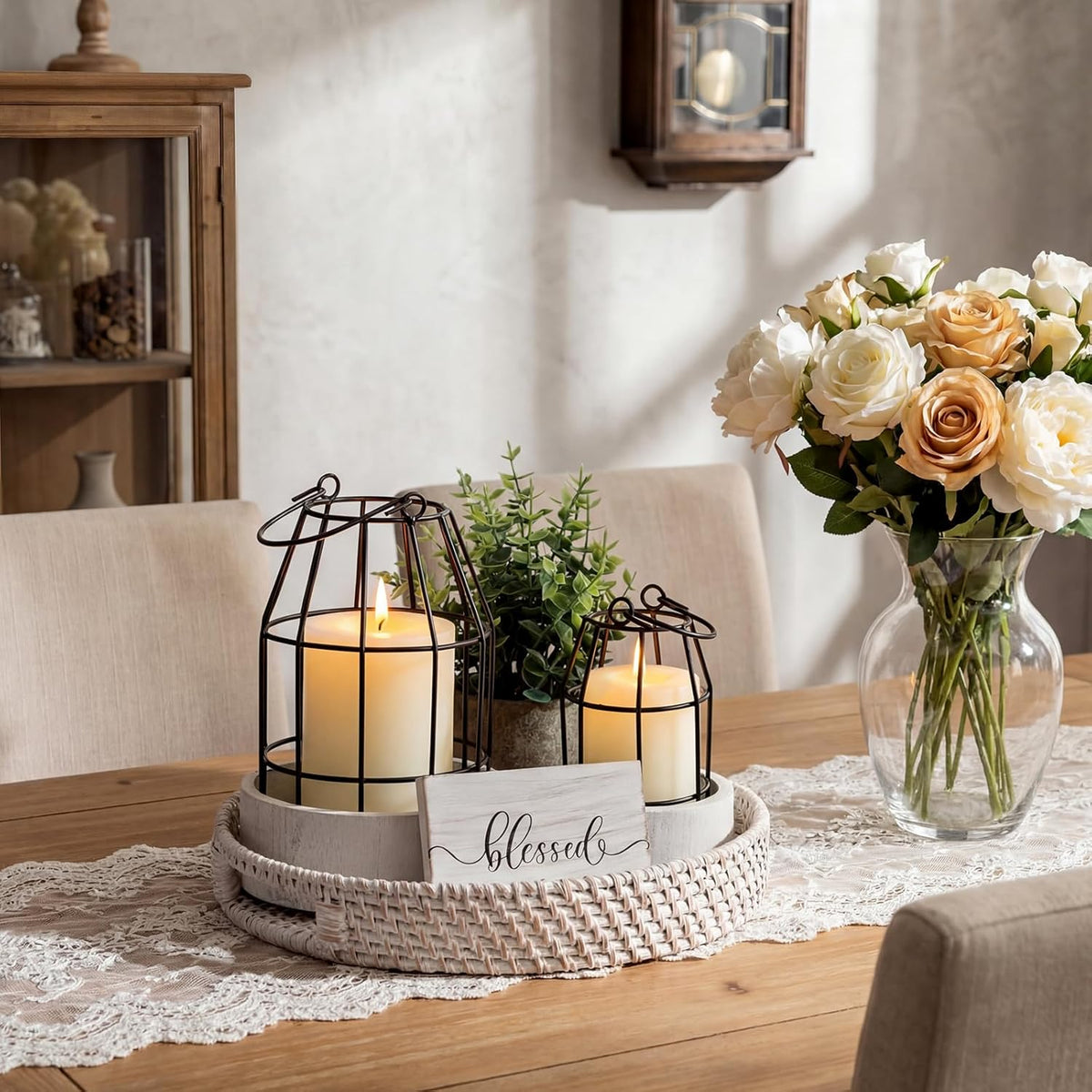 Modern Rustic Farmhouse Candle Lantern Set of 5, Small, Black, White | Decorative Lanterns Centerpieces with Tray for
