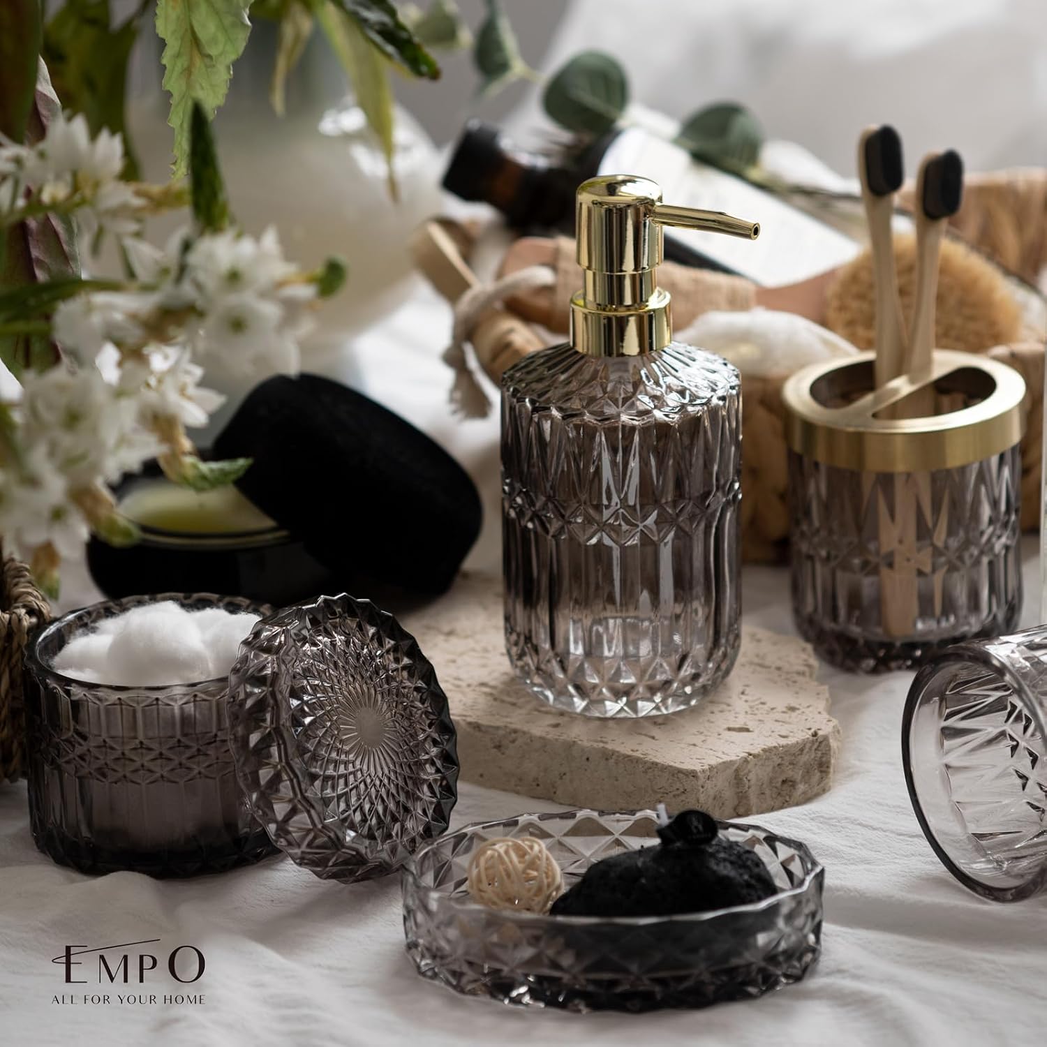 EMPO 6PCS Bathroom Clear Glass Accessories Set (Lotion Soap Dispenser, Soap Dish, Toothbrush Holder, Tumbler, Cotton