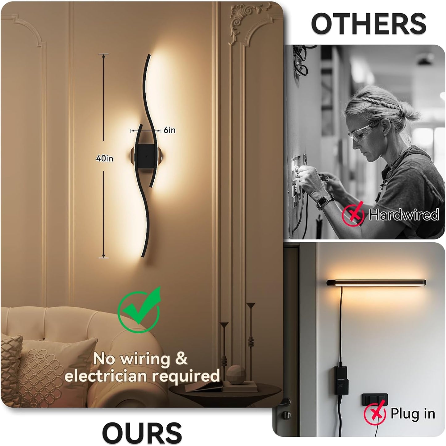 hunhun Battery Operated Wall Sconces Set of Two, Wireless Wall Sconce with Remote Control, Black Rechargeable Sconces