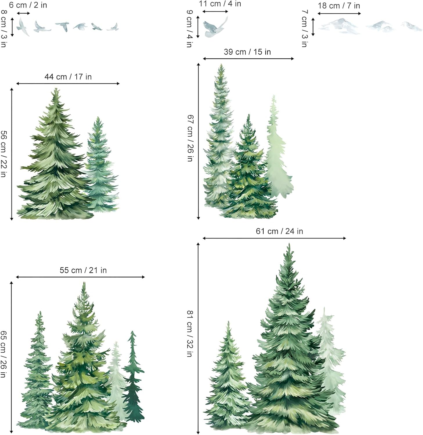 Large Pine Tree Wall Stickers Woodland Mountain Tree Birds Wall Decals Living Room Bedroom Office