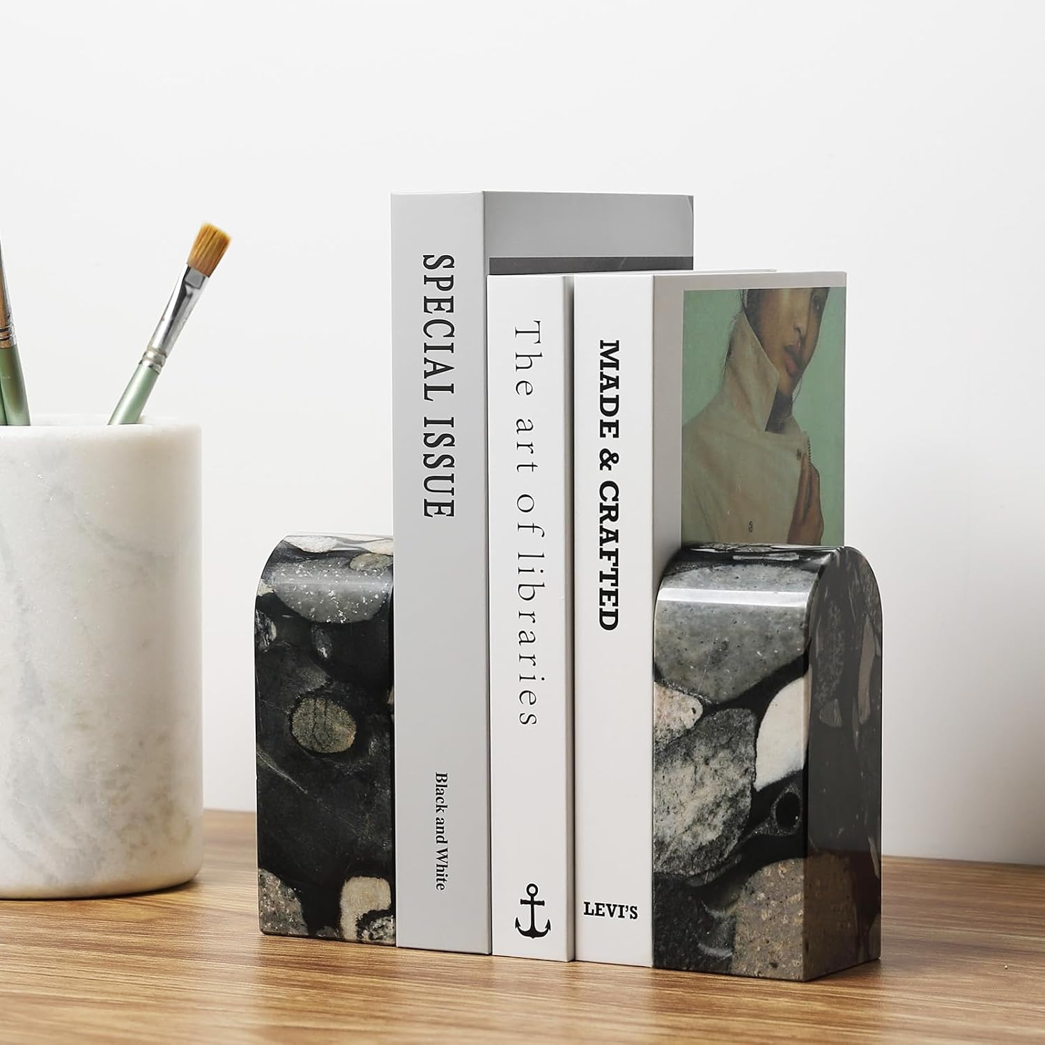Marble Bookends / Decorative Stone Book Ends / Black Gold Marinace