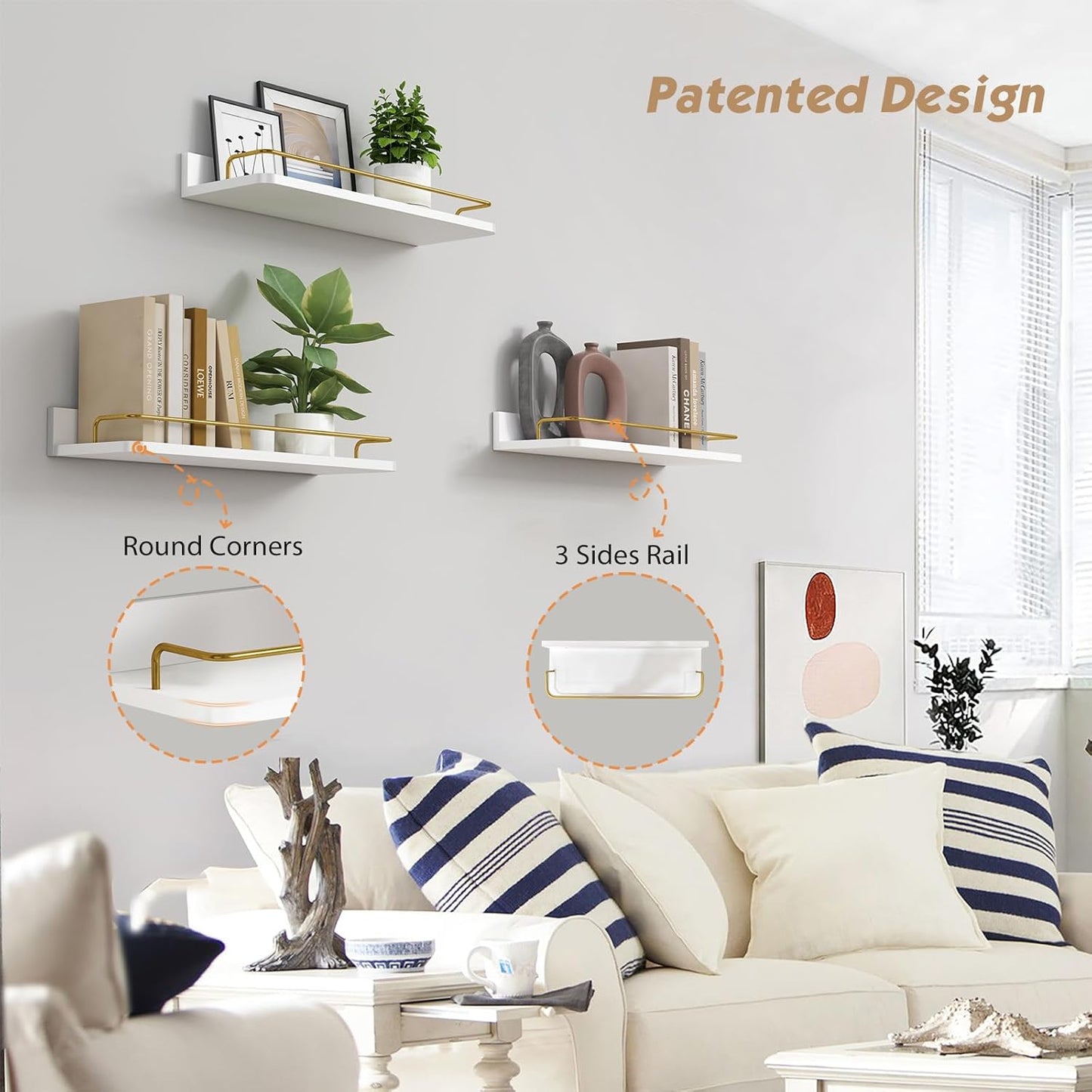 Forbena Gold Floating Shelves for Wall Decor Set of 3, Bathroom Shelves Over Toilet, Modern Display Wall Shelf with