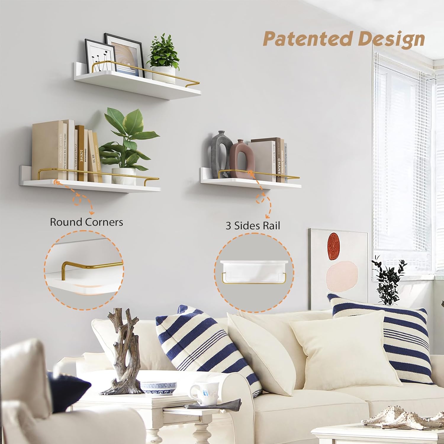 Forbena Gold Floating Shelves for Wall Decor Set of 3, Bathroom Shelves Over Toilet, Modern Display Wall Shelf with