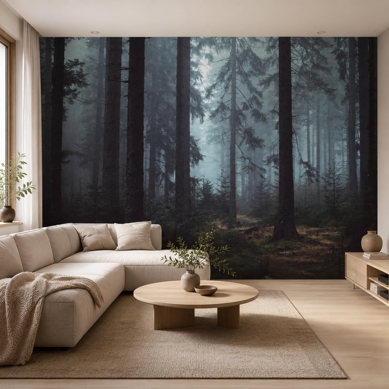 Foggy Forest Wall Murals Peel and Stick 148" Wx 98" H Misty Woodland Tree Self / Gray / 148 x 98