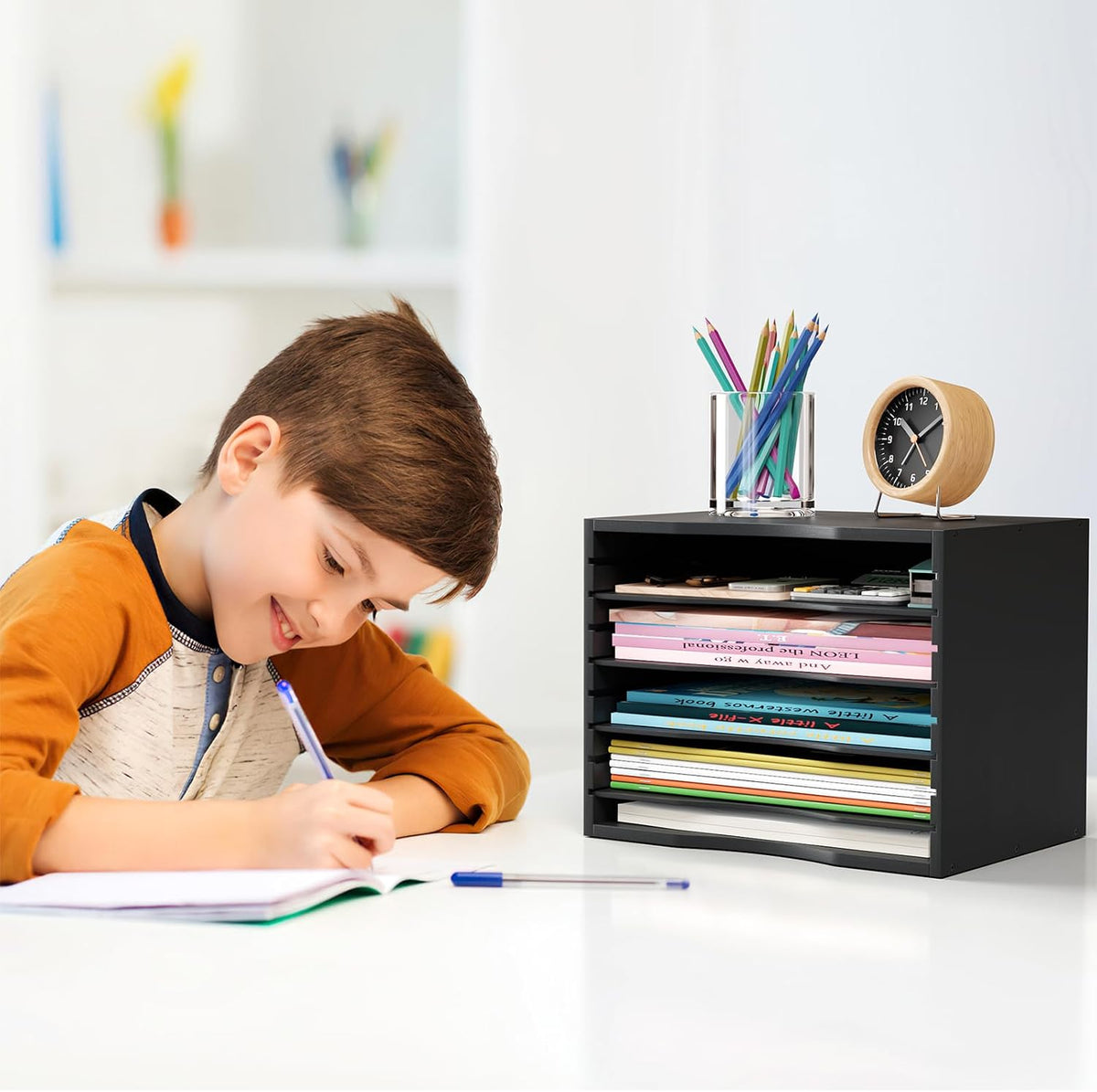 Bamjoy Wood 5 Tier Desktop Organizer, Paper Organizer Mail Sorter, File Holder Letter Document Storage with Adjustable