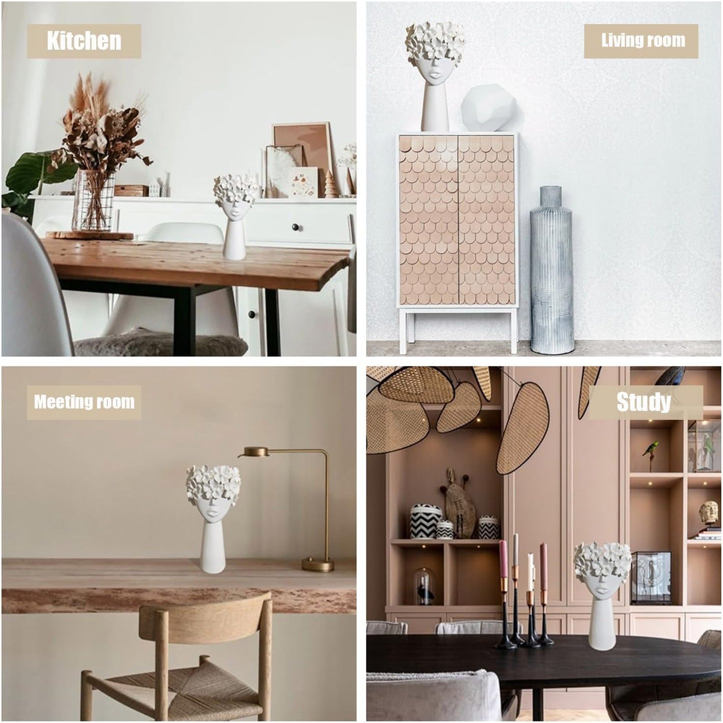 Ceramic Sculpture Female Head Face Flower Vase Decoration / White