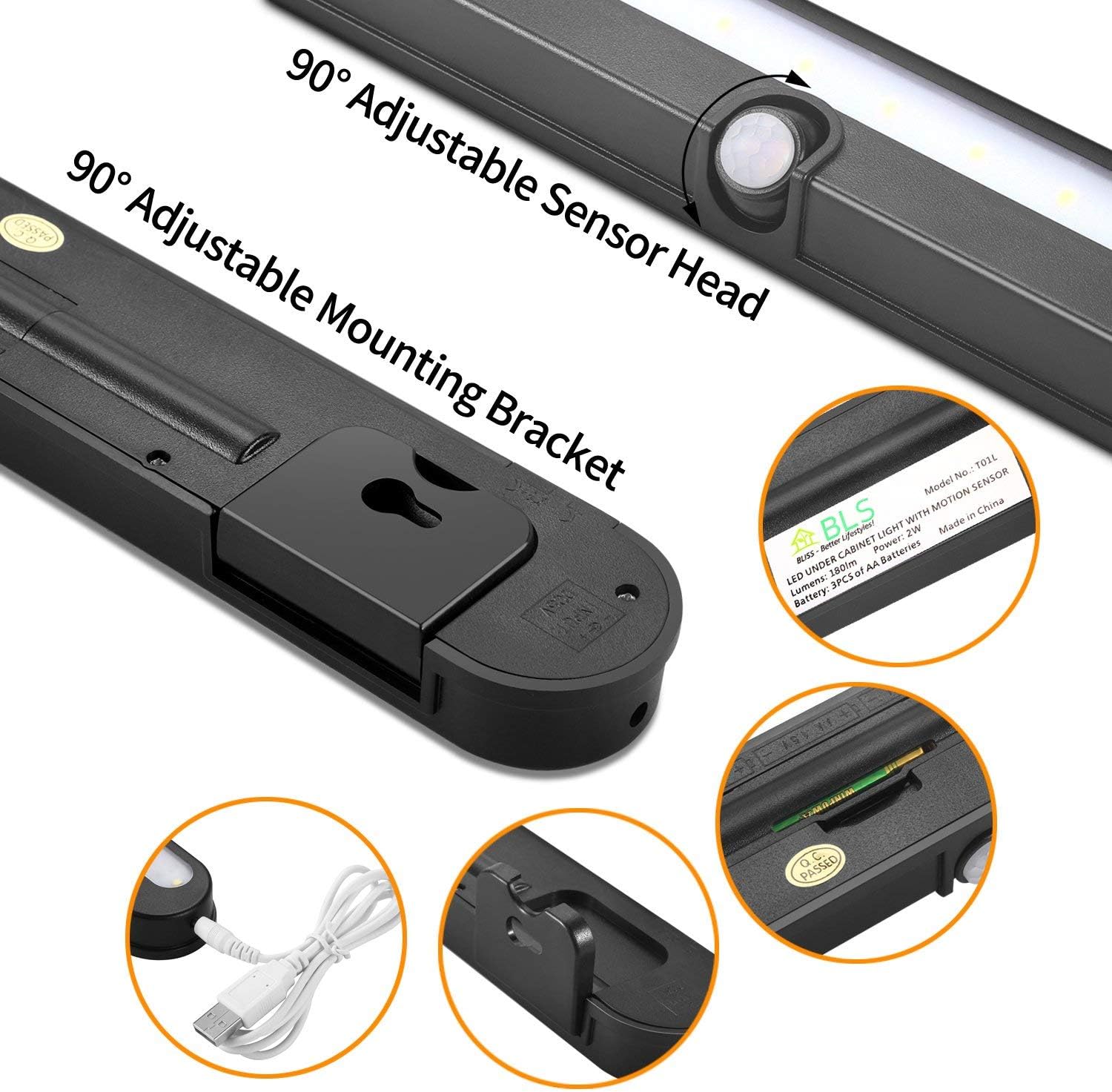 BLS T01LB LED Closet Light Super Bright 20 LED Under Cabinet Lighting Battery Powered/DC Input Wireless Motion Sensing