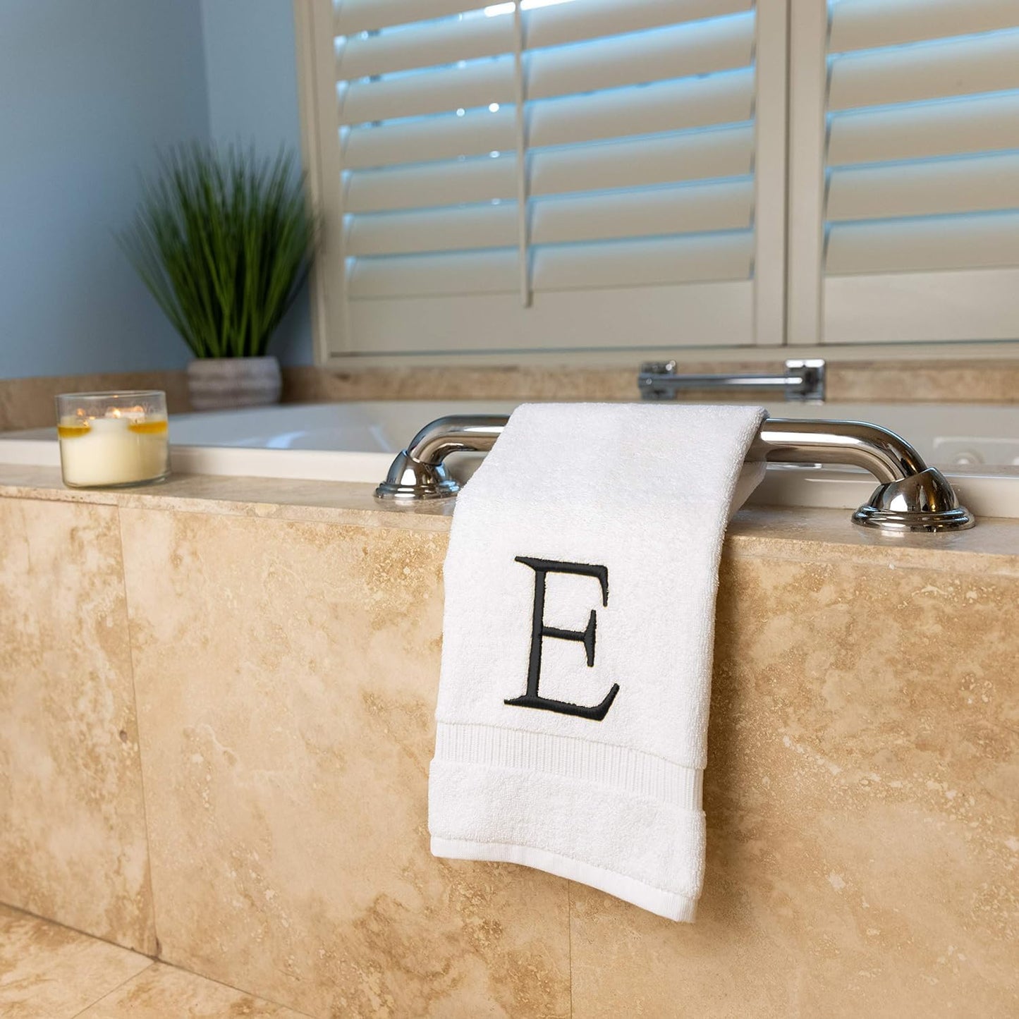 White with Dark Gray Monogrammed Hand Towels for Bathroom Set of 2 Letter E | Luxury Hotel Quality Initial Towels For