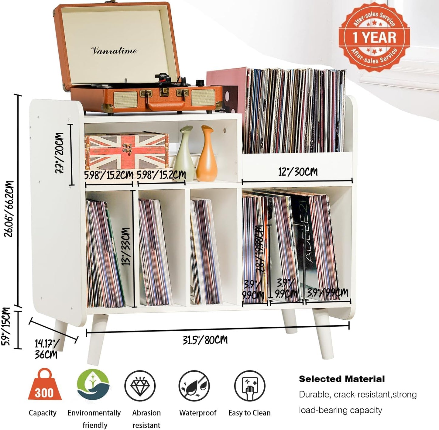 Record Player Stand, Large Record Player Table Cabinet (White) | Record Player Stand with Open Vinyl Storage&Display