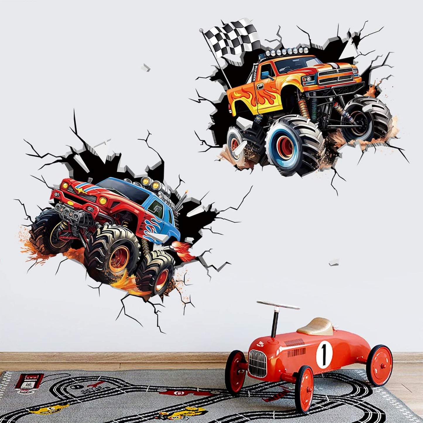 2 Large 3D Racing Cars Wall Decals Trucks Break Through Wall Stickers Boys Bedroom Kids Room