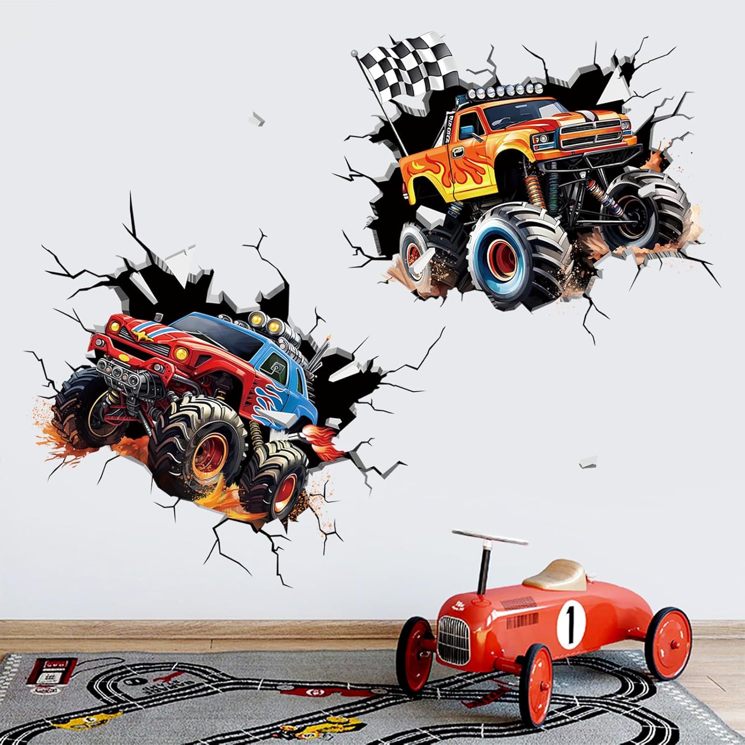 2 Large 3D Racing Cars Wall Decals Trucks Break Through Wall Stickers Boys Bedroom Kids Room