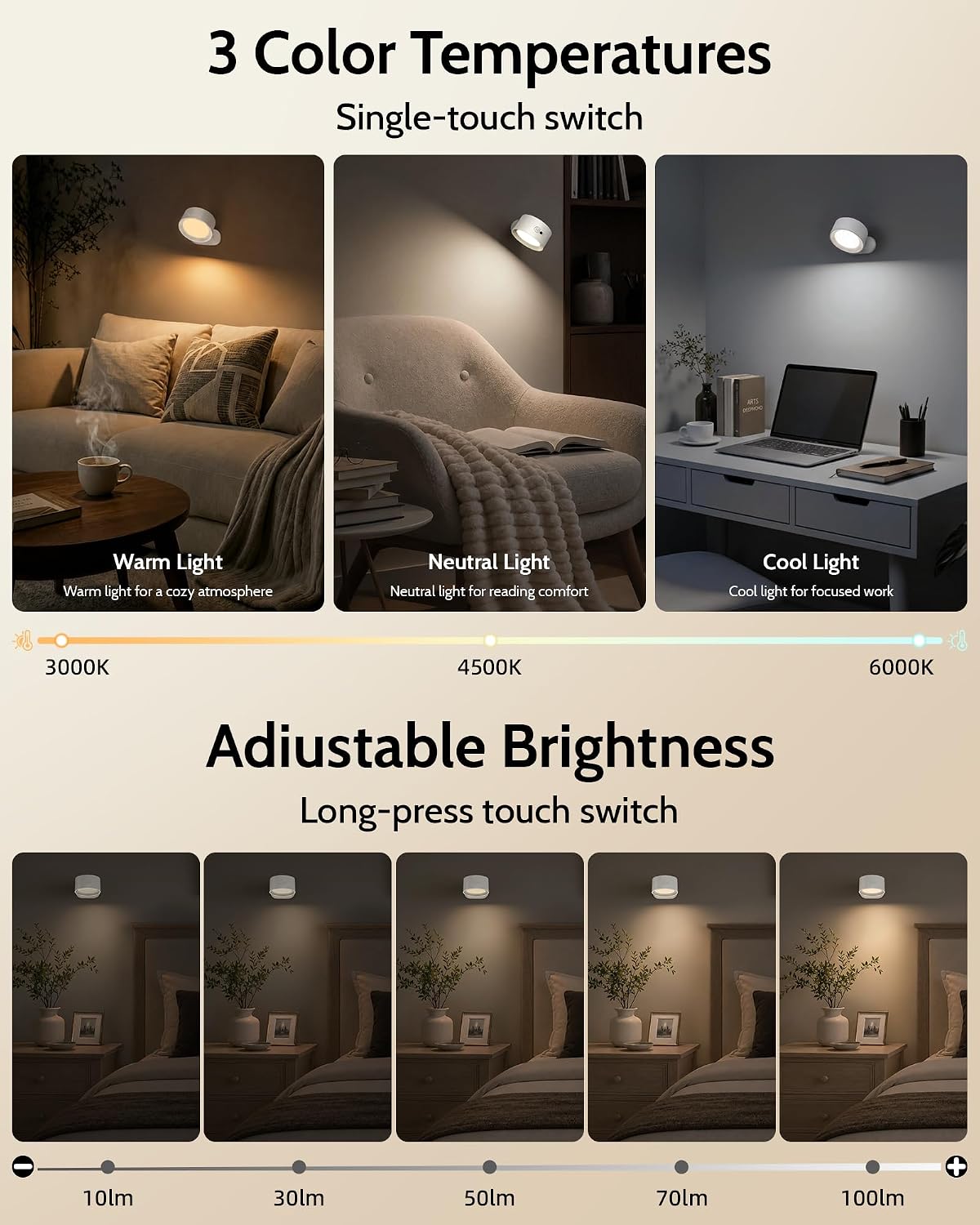 LED Wall Mounted Lights, Rechargeable Wall Sconces, 3 Color Temps, Remote & Touch, 360° Rotating and Dimmable for