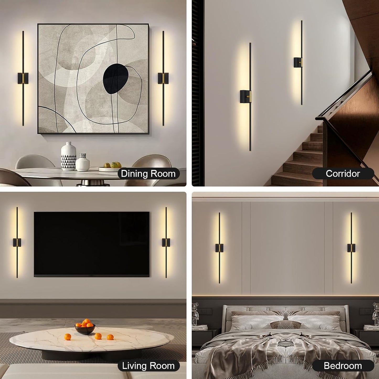 Battery Operated Wall Sconce Set of Two with Remote Control, 3000K-6000K Dimmable Black Gold Wall Lights, Timable LED