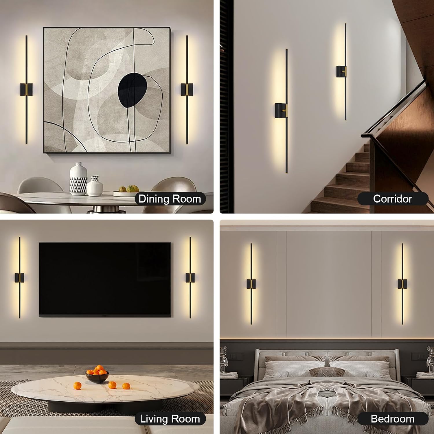 Battery Operated Wall Sconce Set of Two with Remote Control, 3000K-6000K Dimmable Black Gold Wall Lights, Timable LED