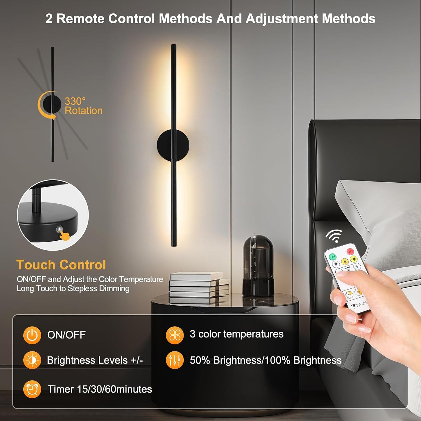 Wireless Battery Operated Wall Sconces with Remote, Black Rechargeable Led Wall Lights Set of Two, Cordless Dimmable