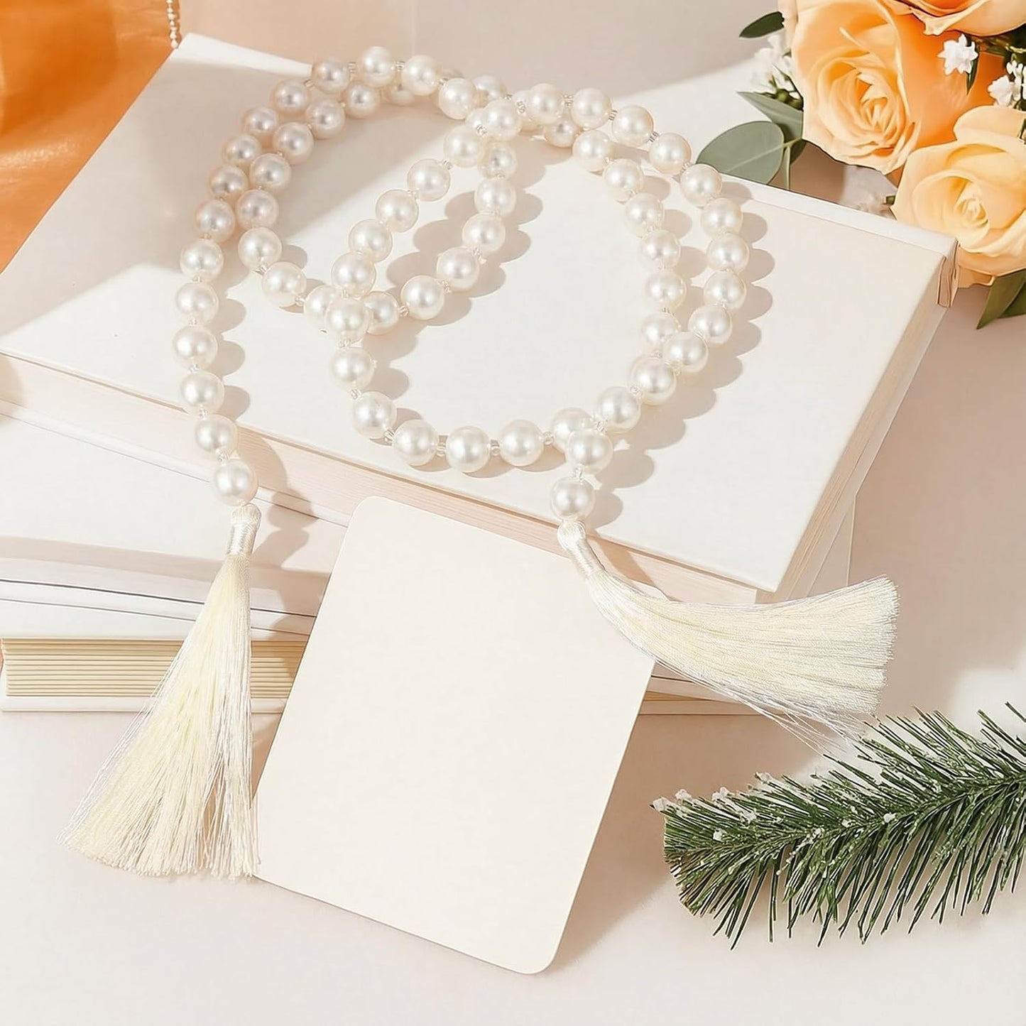 Tassels 16mm Pearl Glass Bead Garland Boho Wedding Table Decor Healing Bead / Beige / 58 Inch