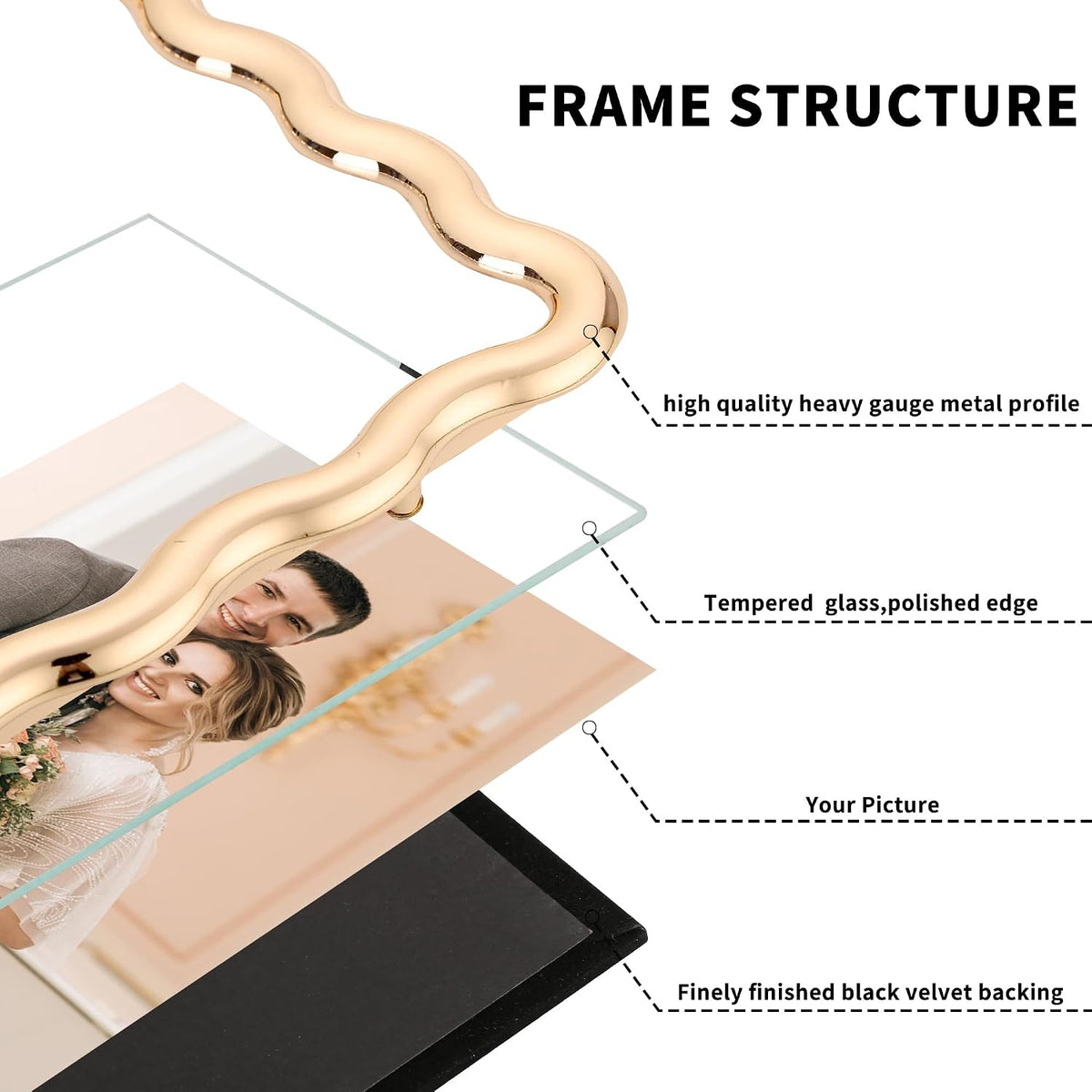 Gold 10x12'' Heavy-Duty Zinc Alloy Picture Frames with Acid Free Mat for 8x10'',Wave Design Gold Picture Frame 10x8''