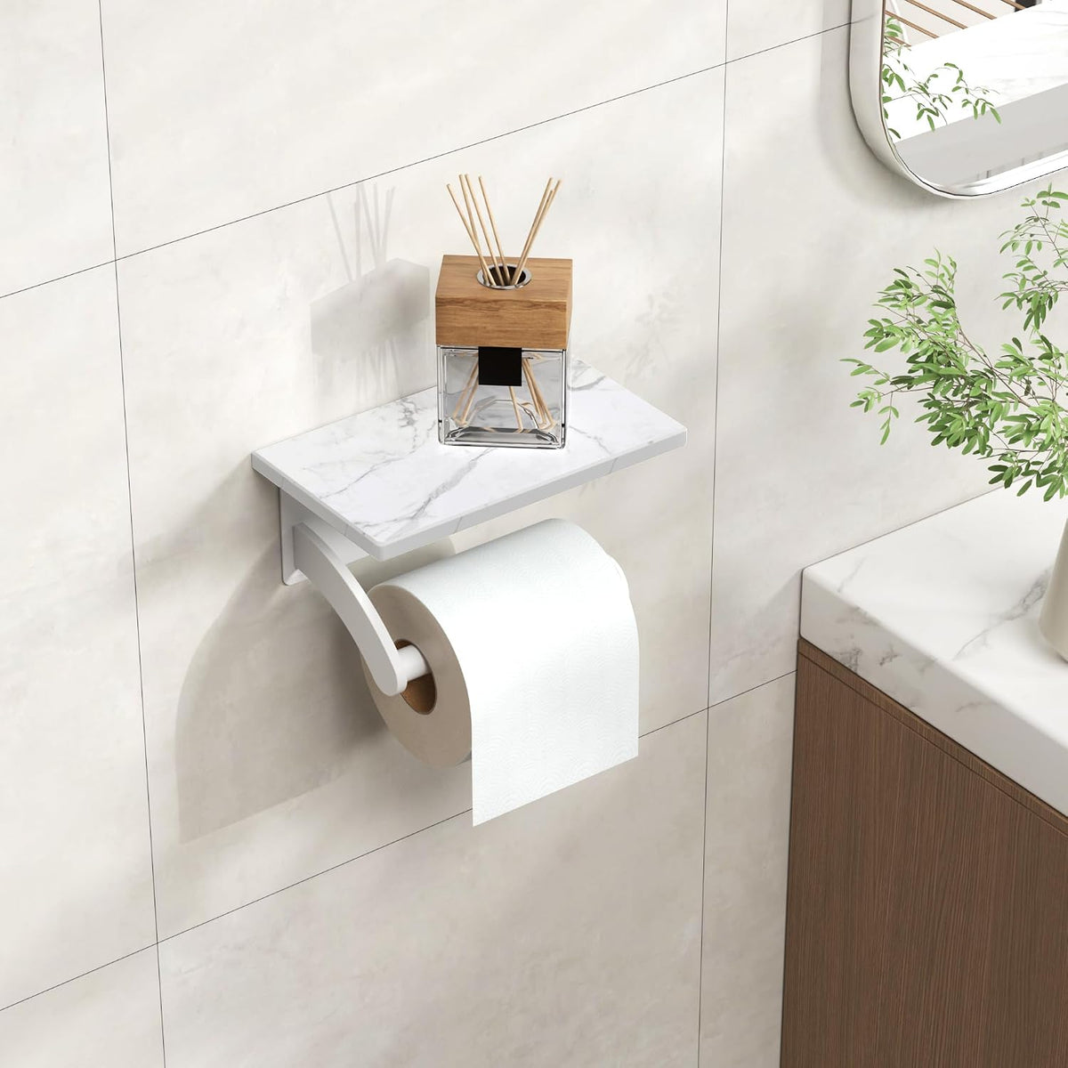 FORIOUS Natural Marble Toilet Paper Holder with Phone Shelf, Commercial | White, Wall Mount 304 Stainless Steel