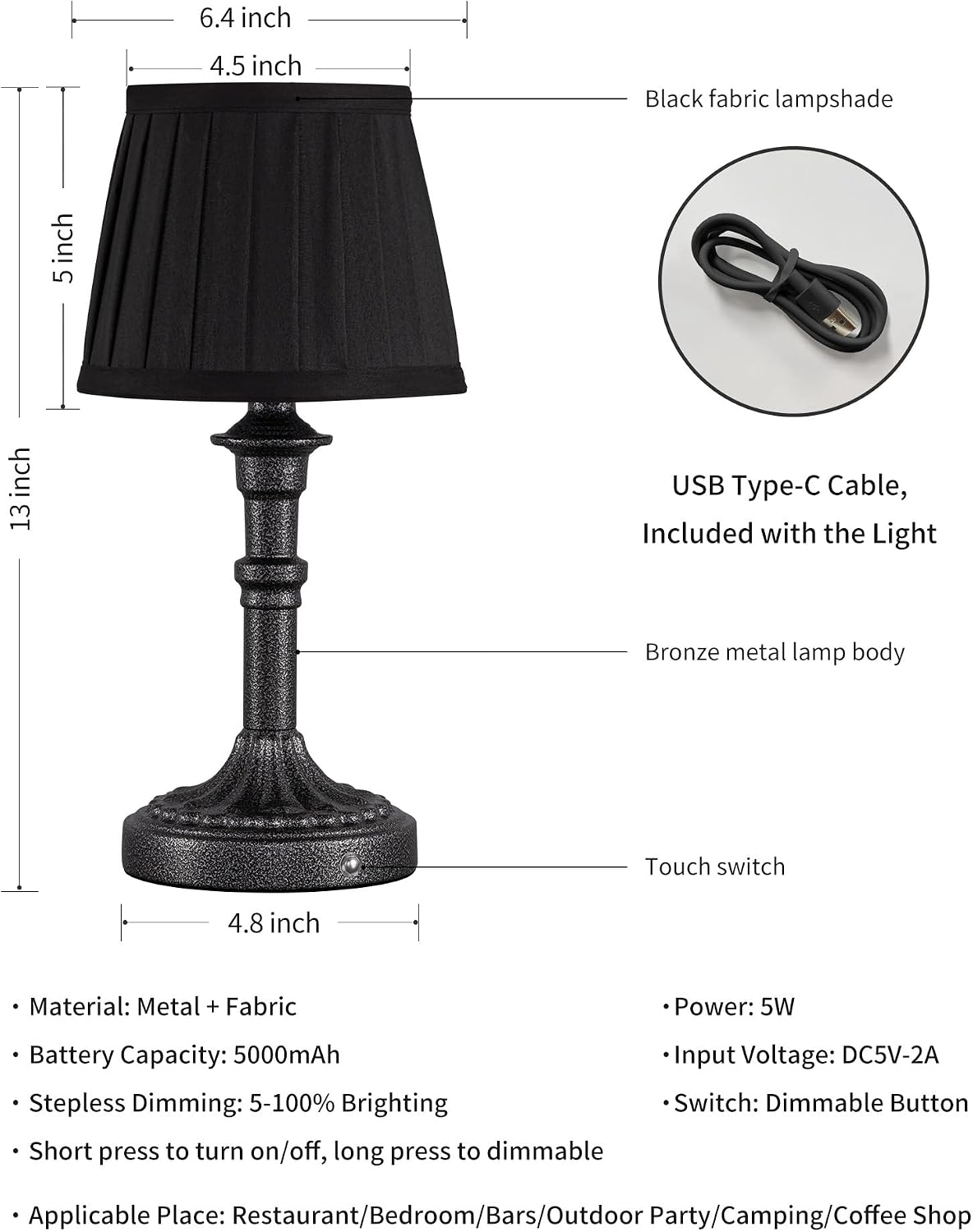 KDG Mottled Silver Cordless Table Lamps Set of 2, Black Fabric Shade Light | 2700K Stepless Dimmable 4000mAh Battery