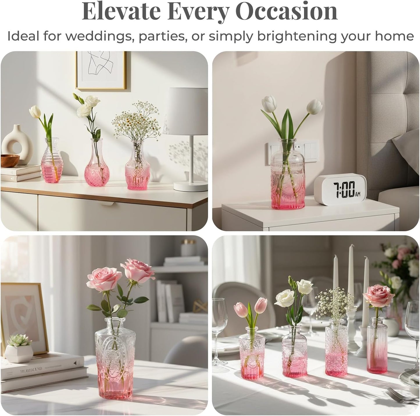 Mini Vintage Glass Bud Vases for Centerpieces / Pink Gradient / Set of 24