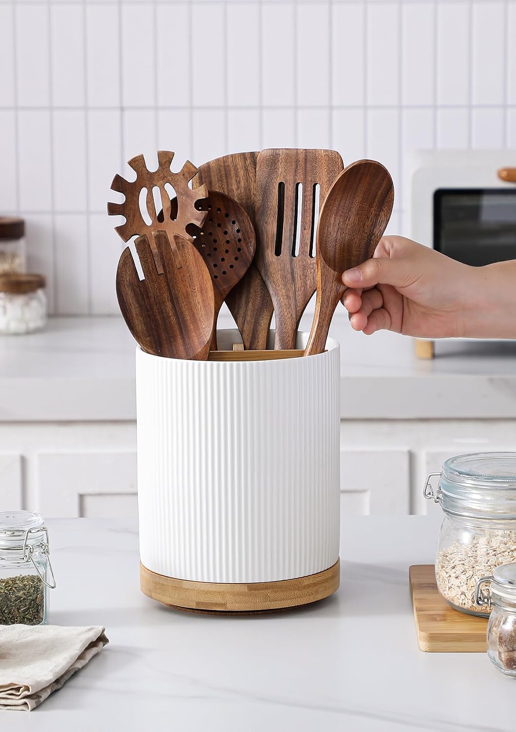 LoeJan 7.5" Utensil Holder, 3 Compartment Ceramic Kitchen Utensil Holder with Cork Bottom, Large Utensil Crock for