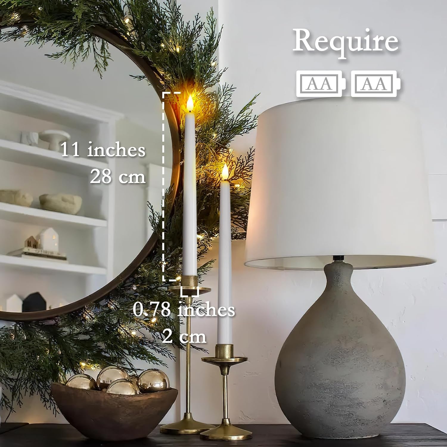 Homemory 12 Pcs Flameless Taper Candles with Remote Timer Dimmer, 11 inches White LED Taper Candles, Plastic Battery