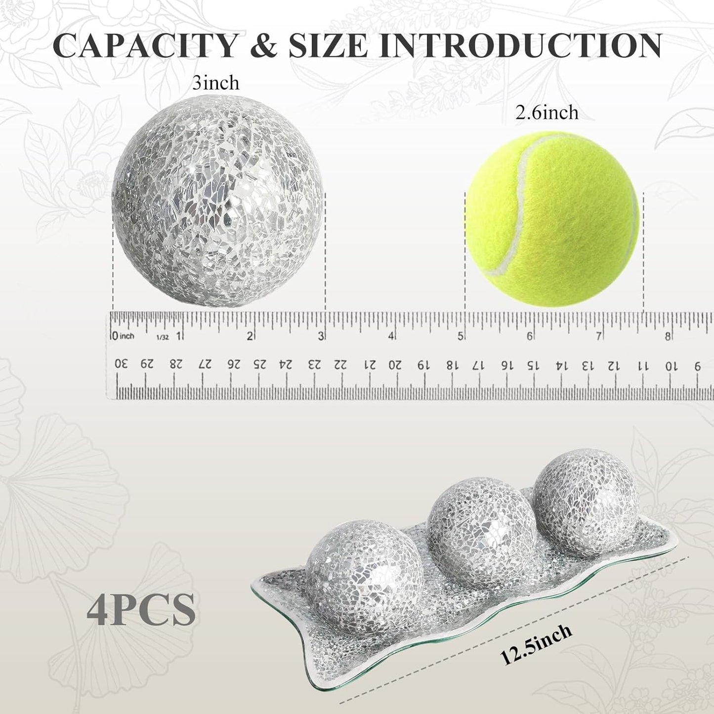 Tray / Orbs Glass Balls for Centerpiece Bowls Mosaic Sphere / Silver / 3 Inch / Set of 3