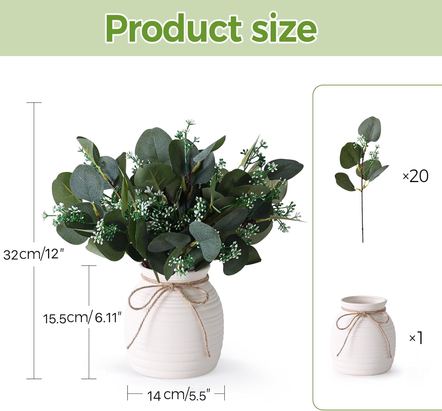 Ceramic Vase / Faux Decorative Plants / White