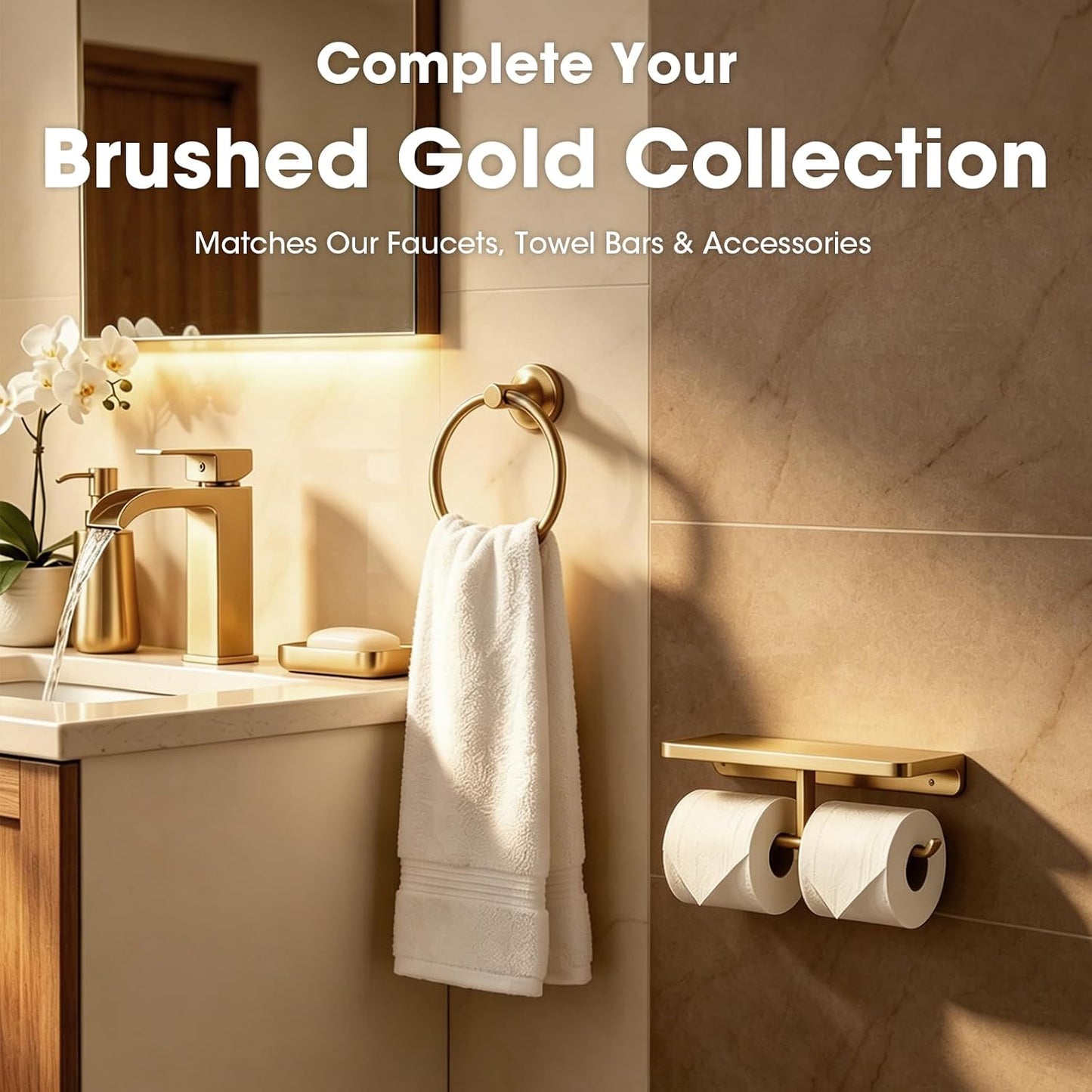 TRUSTMI Brushed Gold Dual Roll Toilet Paper Holder with Phone Shelf | Solid zinc alloy holder holds 11 lbs and fits